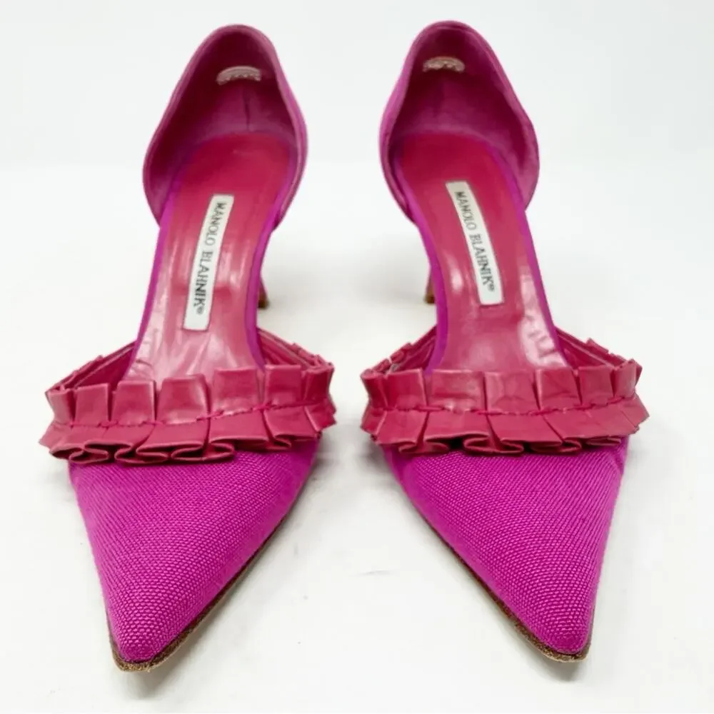 Manolo Blahnik D’Orsay Heels Pink Canvas Pointed Toe Womens Size EU 36.5